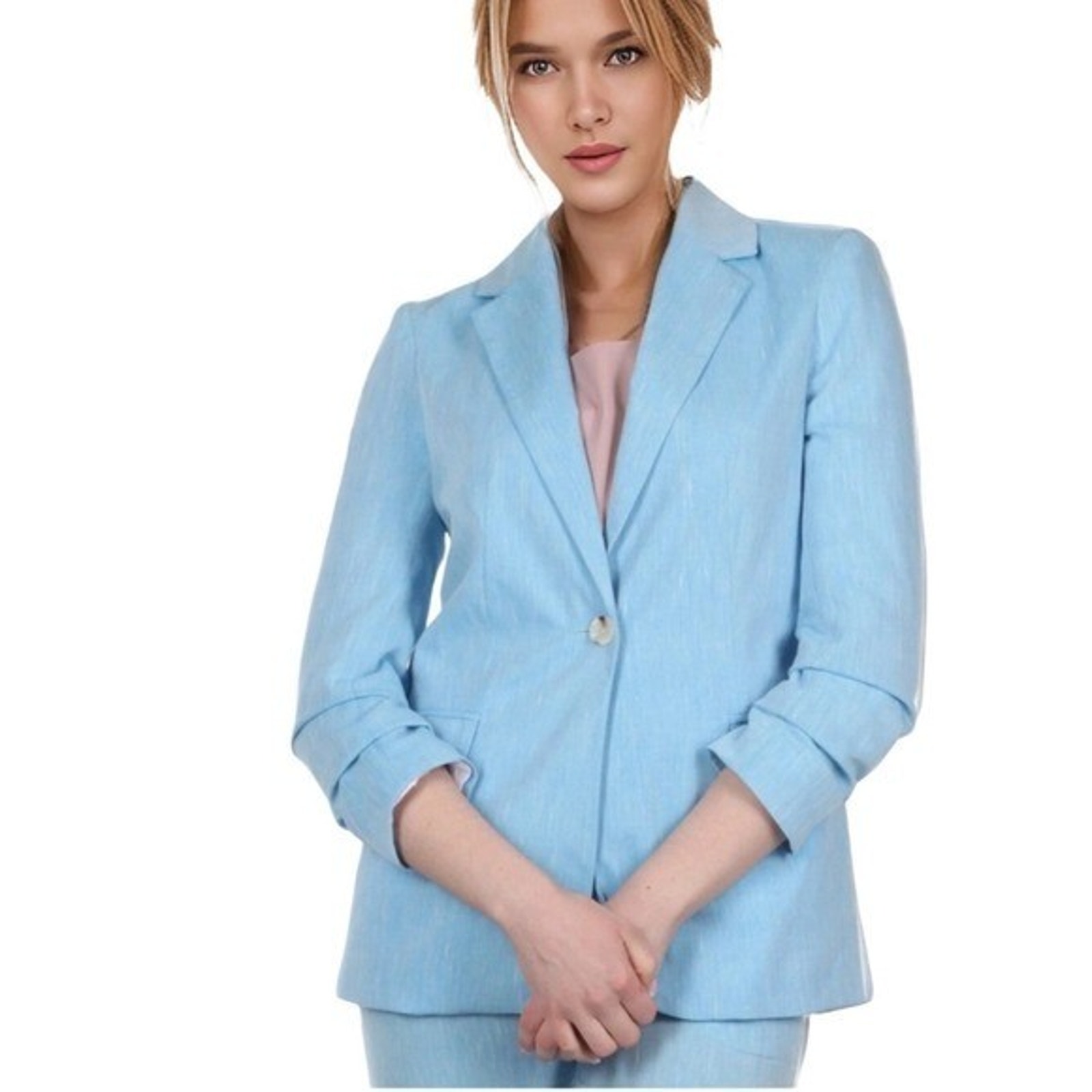Halston Sky Blue Linen Blend Ruffle Sleeve Blazer Jacket Xl Womens New Career